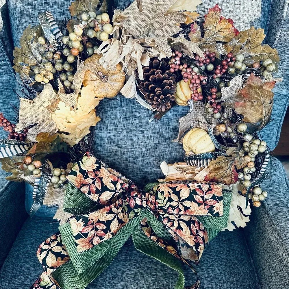 Gold Brown Rustic Fall Autumn Burlap Ribbon Leaves Wreath